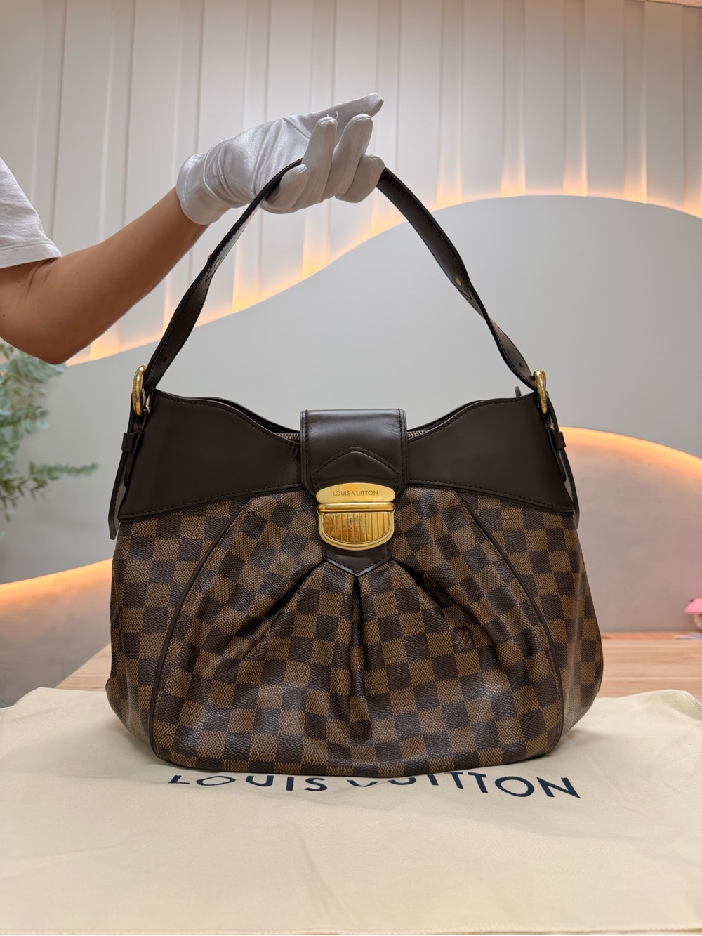 Louis Vuitton Damier Ebene Pleated Shoulder Bag with Dark Brown Trim